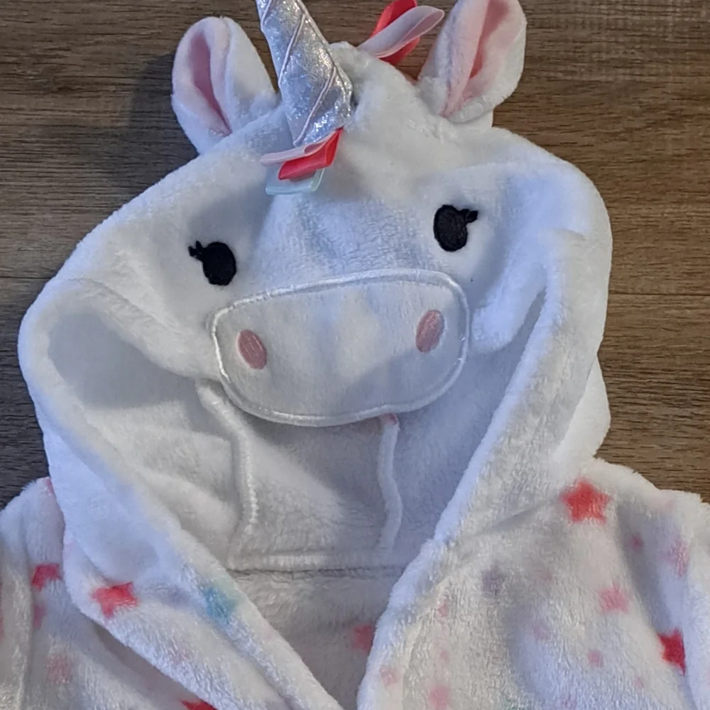 HB White Unicorn Hooded Plush Robe Multicolor Stars Belt Baby's Size 0-9 Months